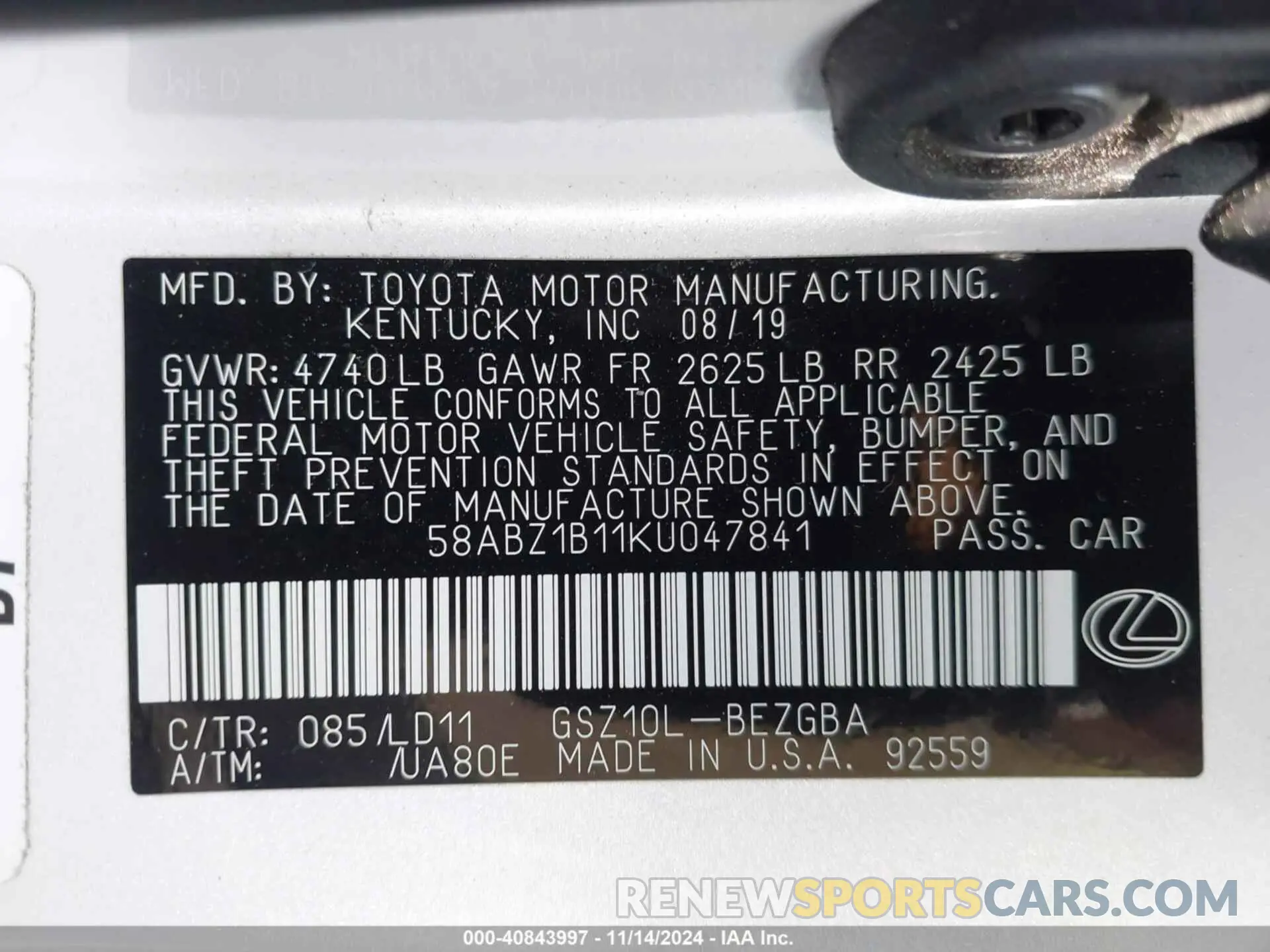 9 Photograph of a damaged car 58ABZ1B11KU047841 LEXUS ES 350 2019