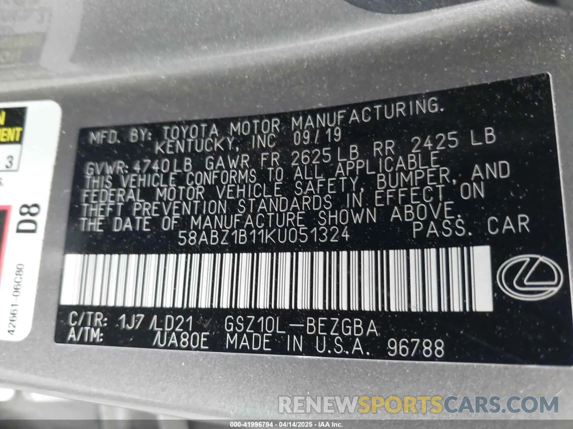 9 Photograph of a damaged car 58ABZ1B11KU051324 LEXUS ES 350 2019