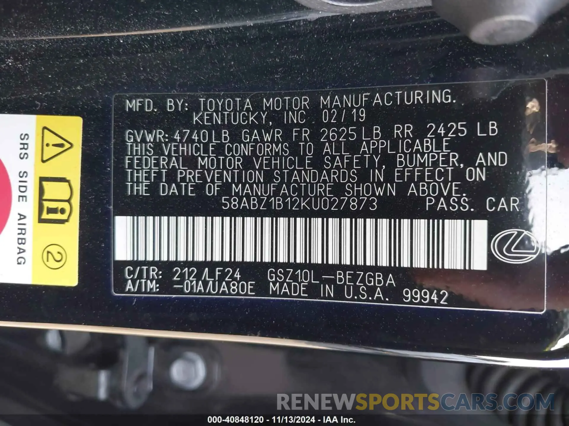 9 Photograph of a damaged car 58ABZ1B12KU027873 LEXUS ES 350 2019