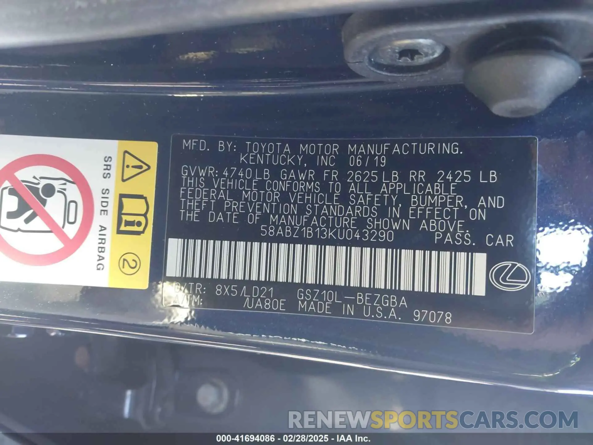 9 Photograph of a damaged car 58ABZ1B13KU043290 LEXUS ES 350 2019