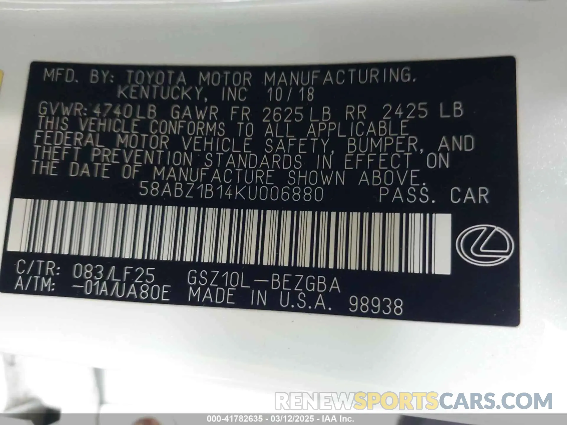 9 Photograph of a damaged car 58ABZ1B14KU006880 LEXUS ES 350 2019