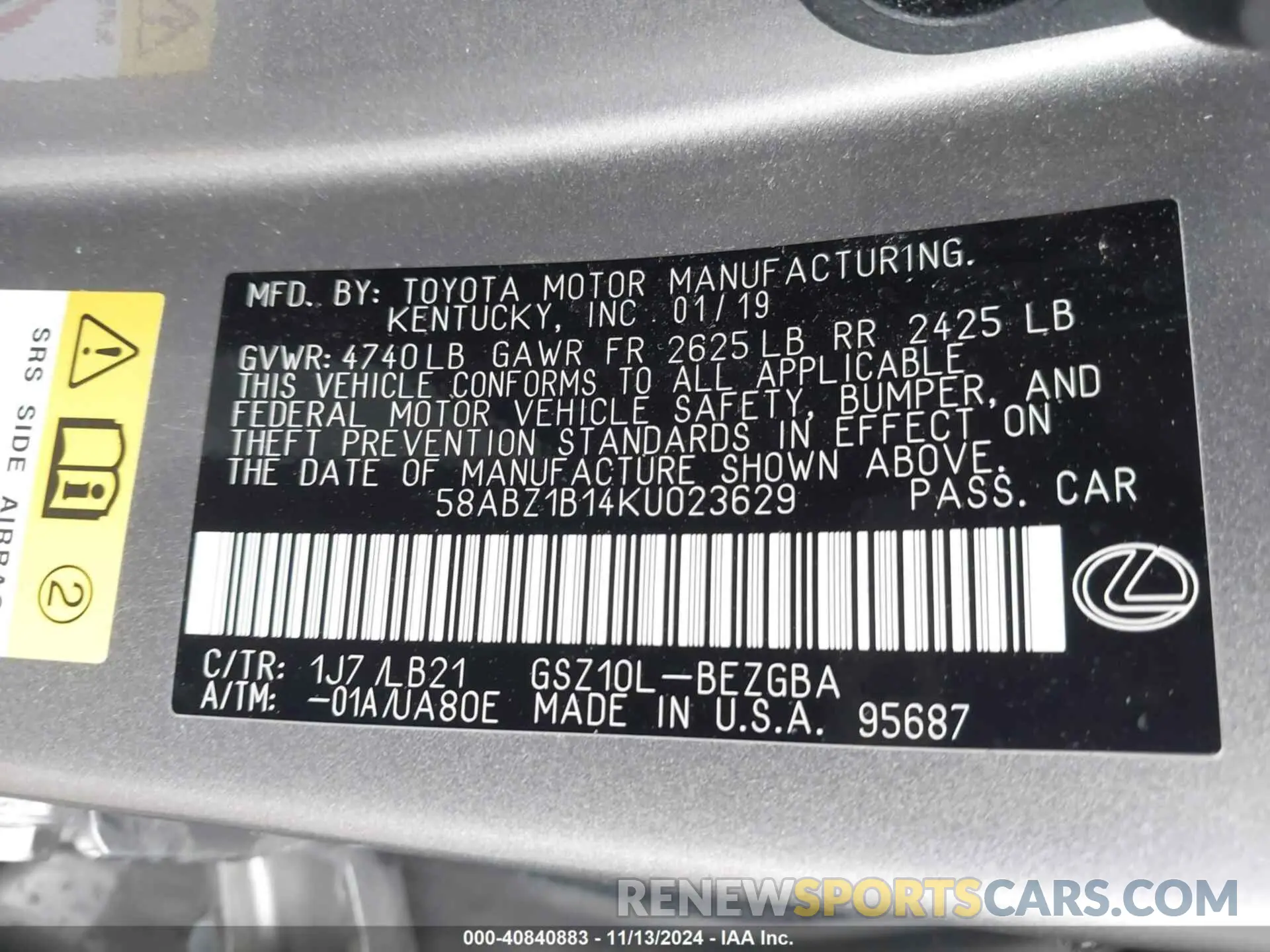 9 Photograph of a damaged car 58ABZ1B14KU023629 LEXUS ES 350 2019