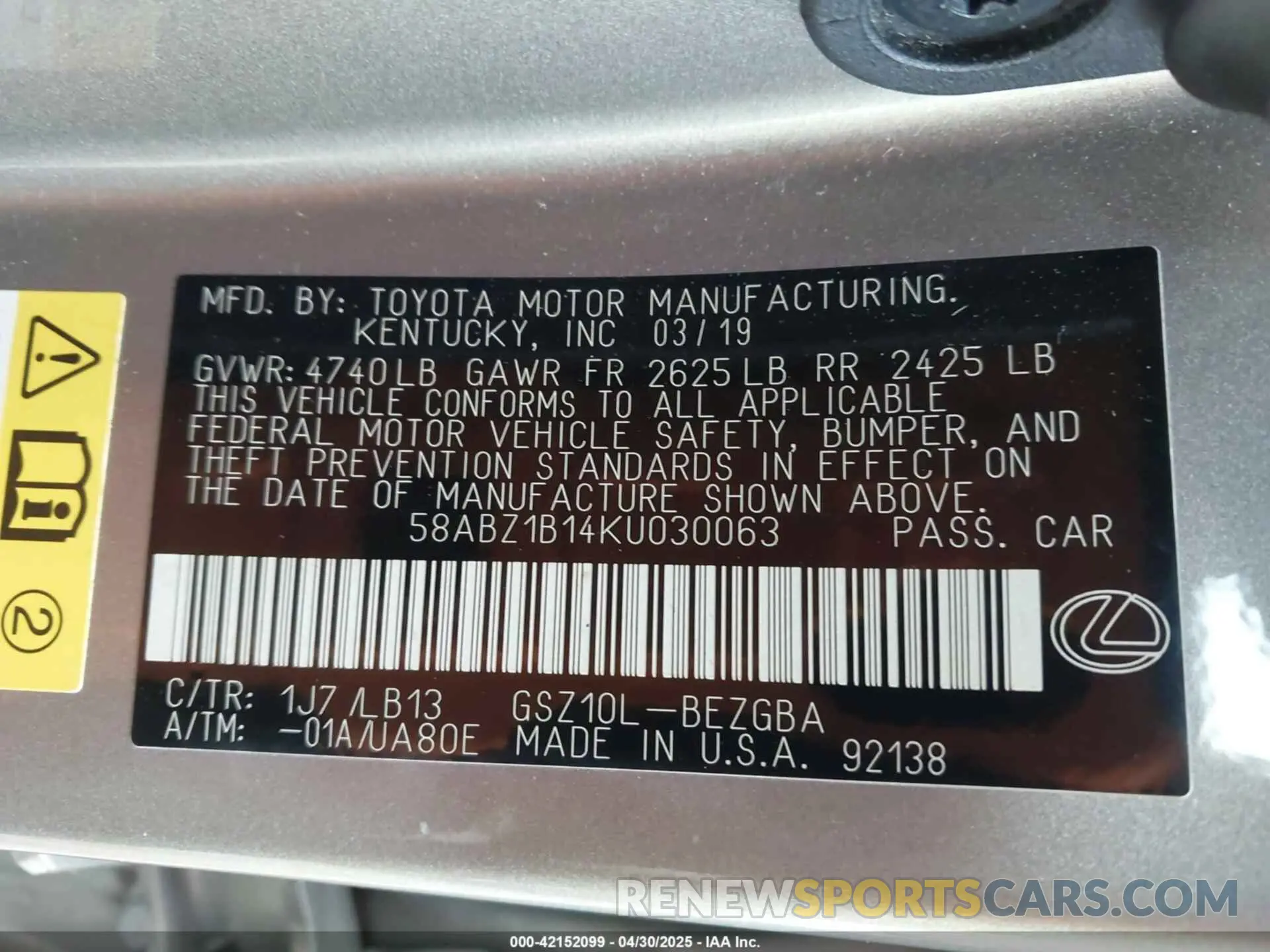 9 Photograph of a damaged car 58ABZ1B14KU030063 LEXUS ES 350 2019