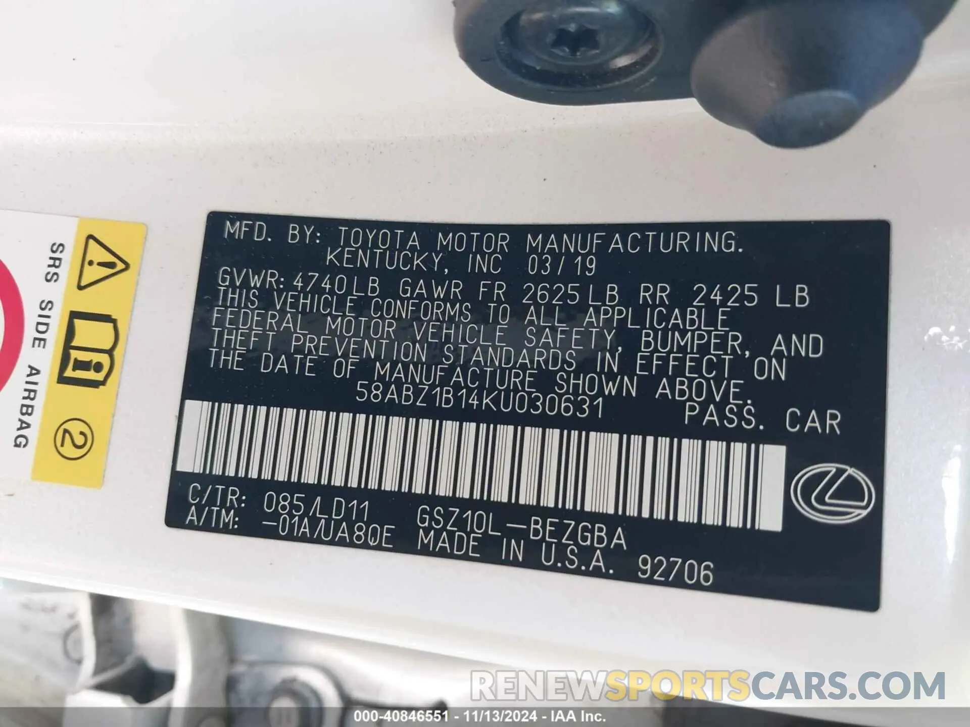 9 Photograph of a damaged car 58ABZ1B14KU030631 LEXUS ES 350 2019