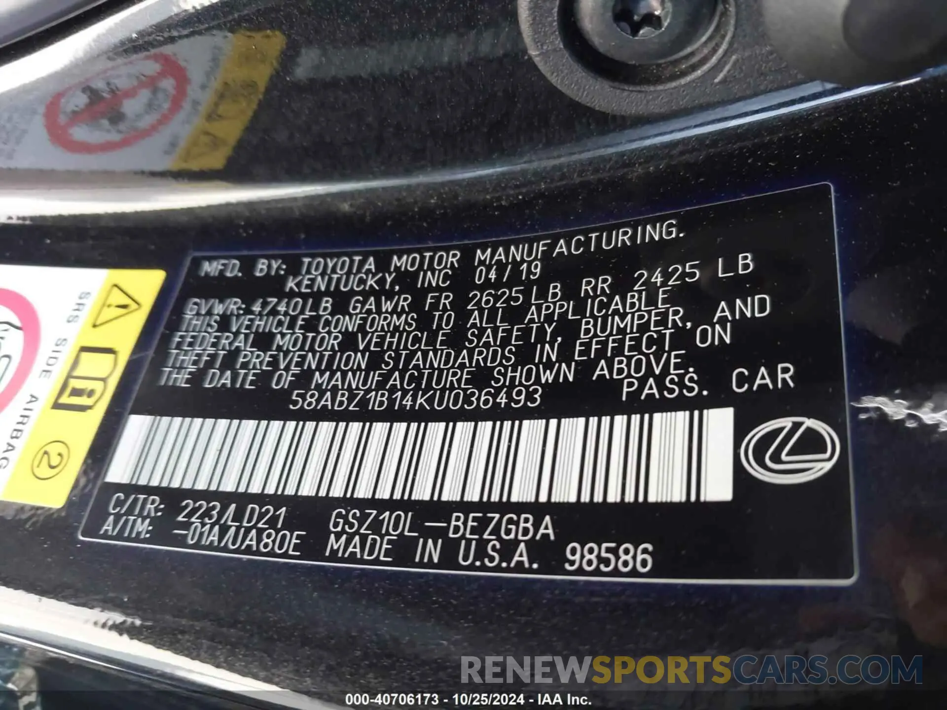 9 Photograph of a damaged car 58ABZ1B14KU036493 LEXUS ES 350 2019
