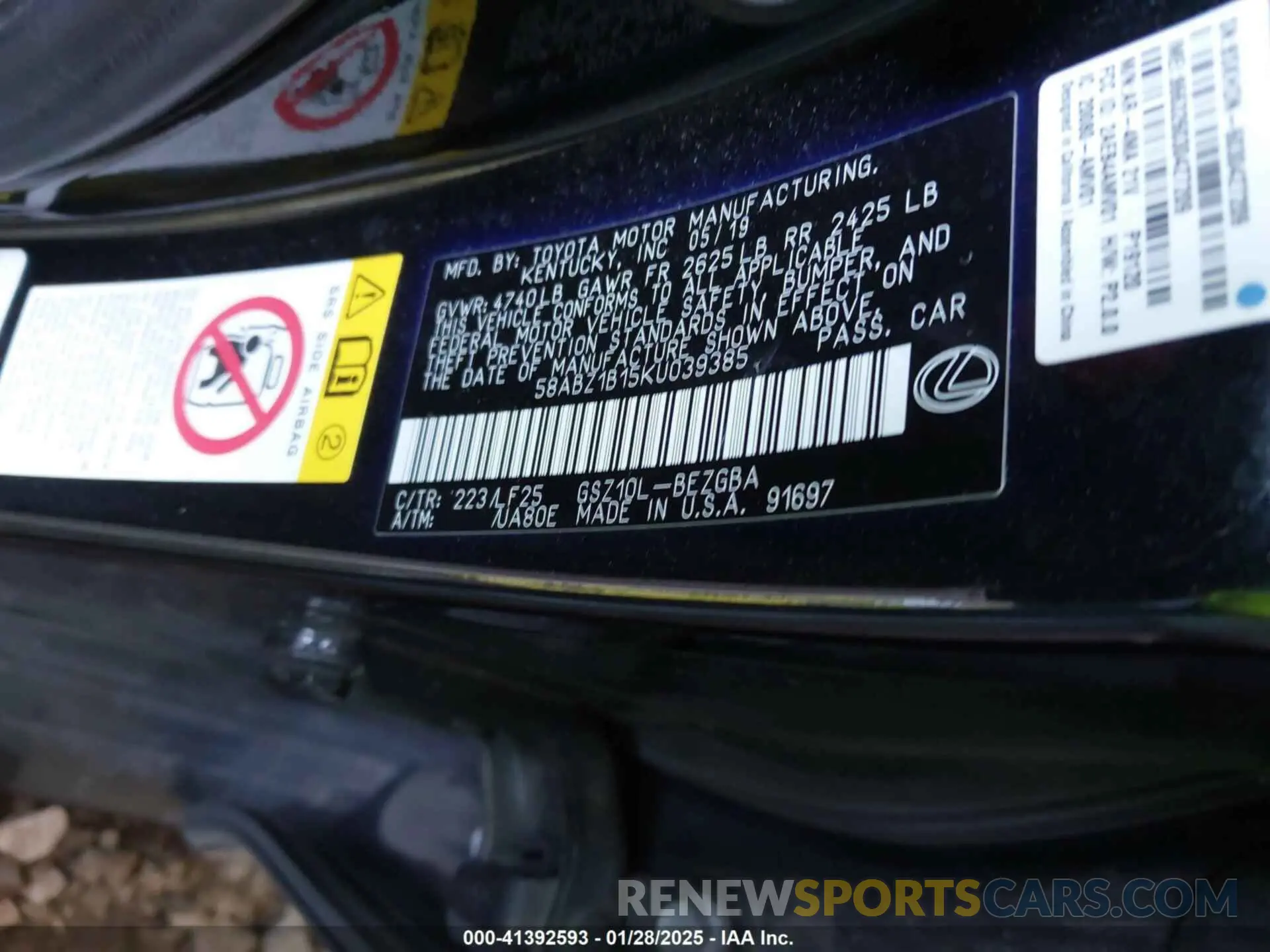 9 Photograph of a damaged car 58ABZ1B15KU039385 LEXUS ES 350 2019