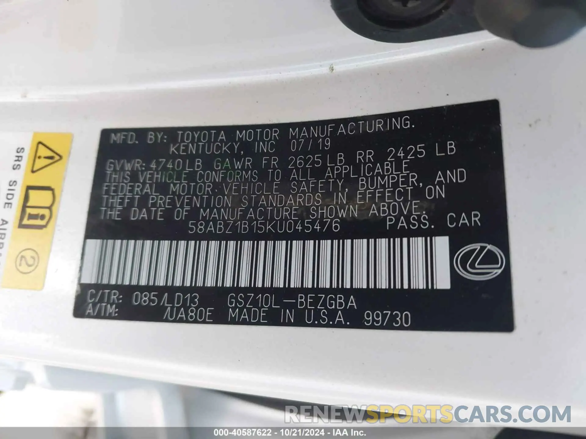 9 Photograph of a damaged car 58ABZ1B15KU045476 LEXUS ES 350 2019