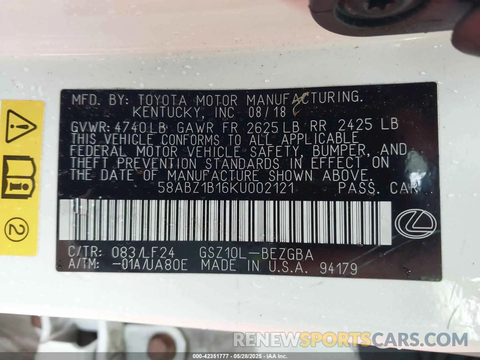 9 Photograph of a damaged car 58ABZ1B16KU002121 LEXUS ES 350 2019