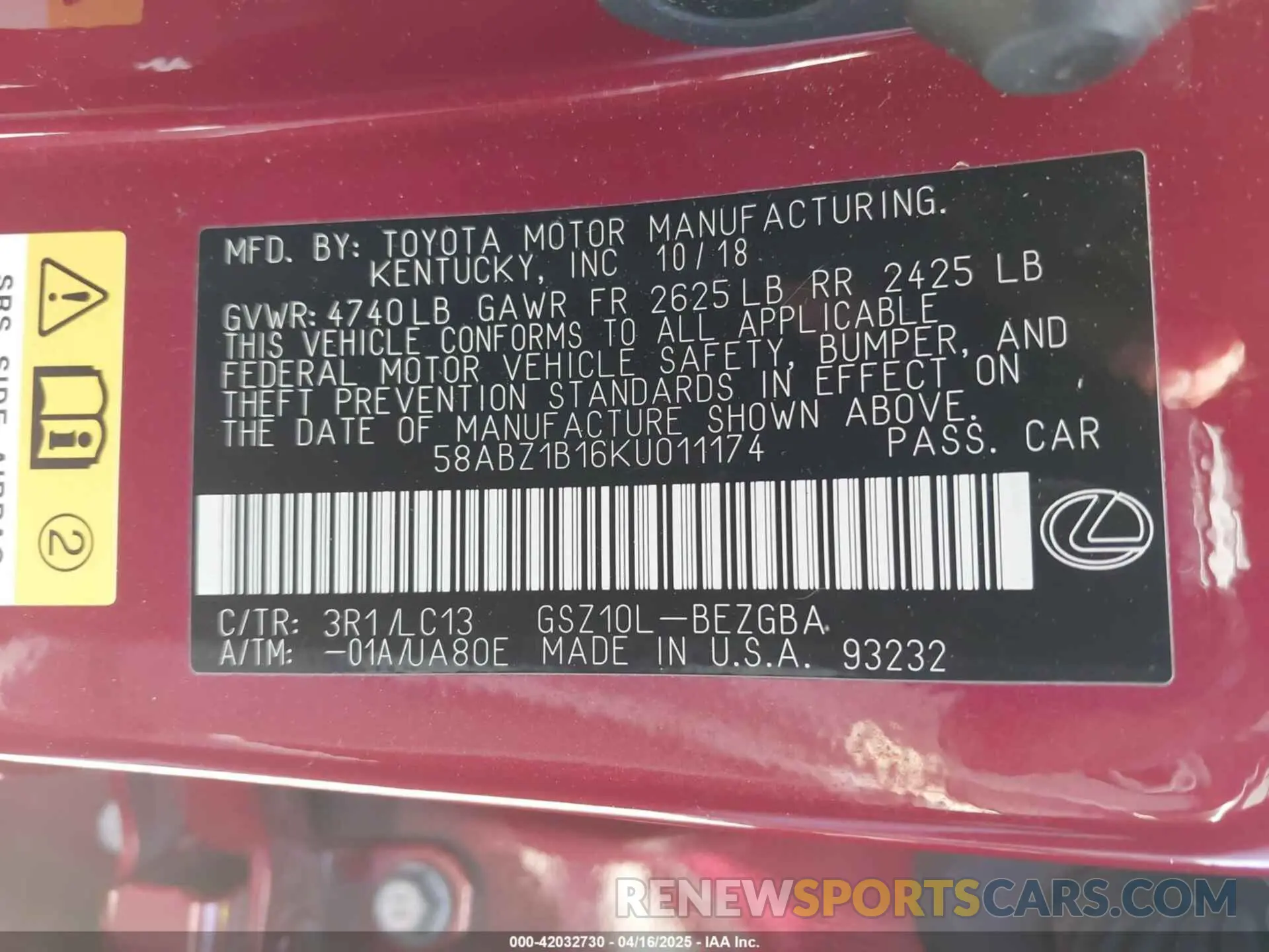 9 Photograph of a damaged car 58ABZ1B16KU011174 LEXUS ES 350 2019