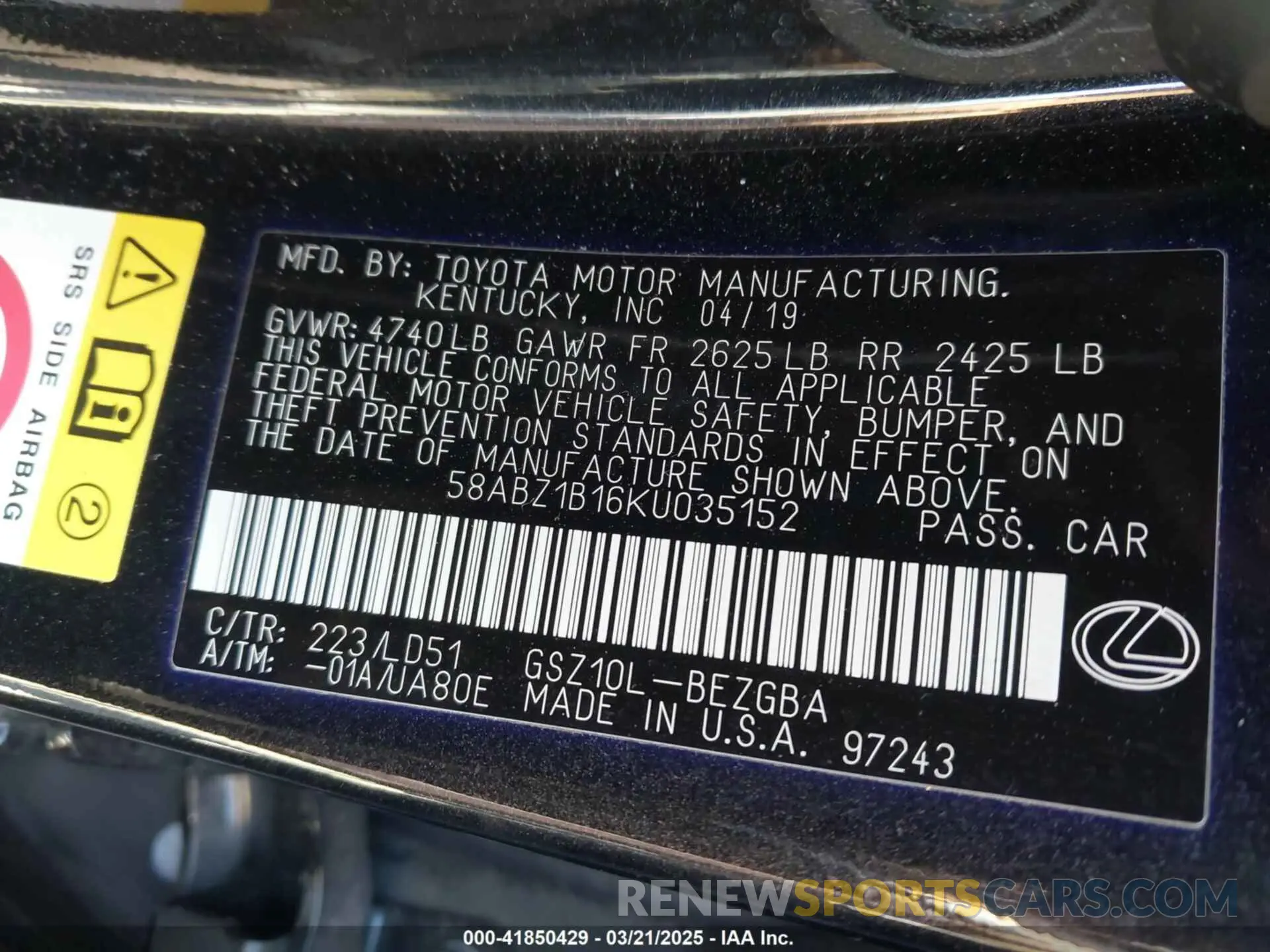 9 Photograph of a damaged car 58ABZ1B16KU035152 LEXUS ES 350 2019