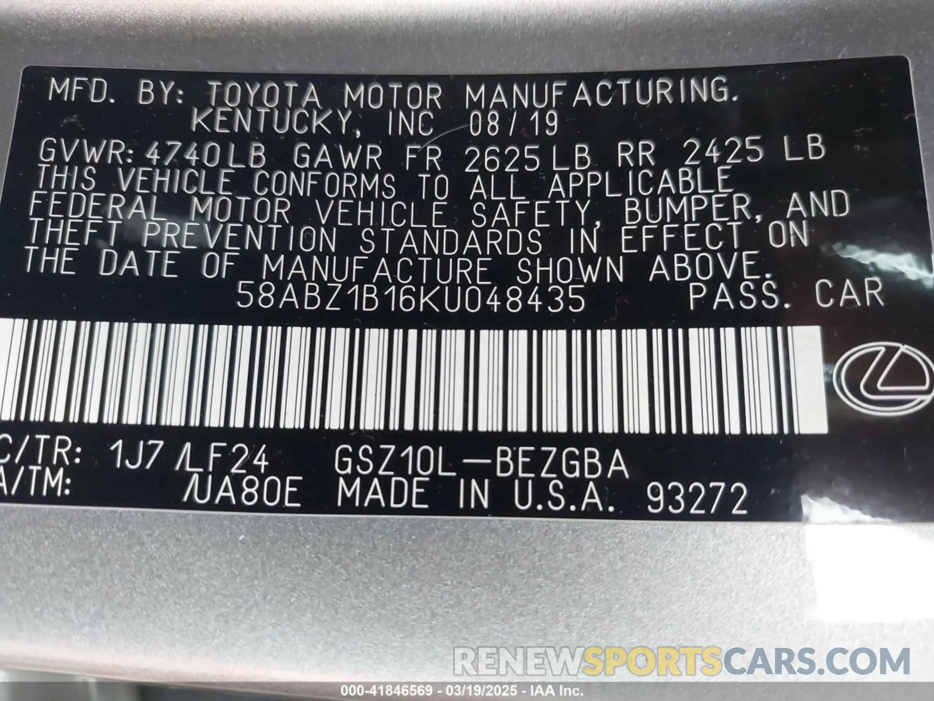9 Photograph of a damaged car 58ABZ1B16KU048435 LEXUS ES 350 2019