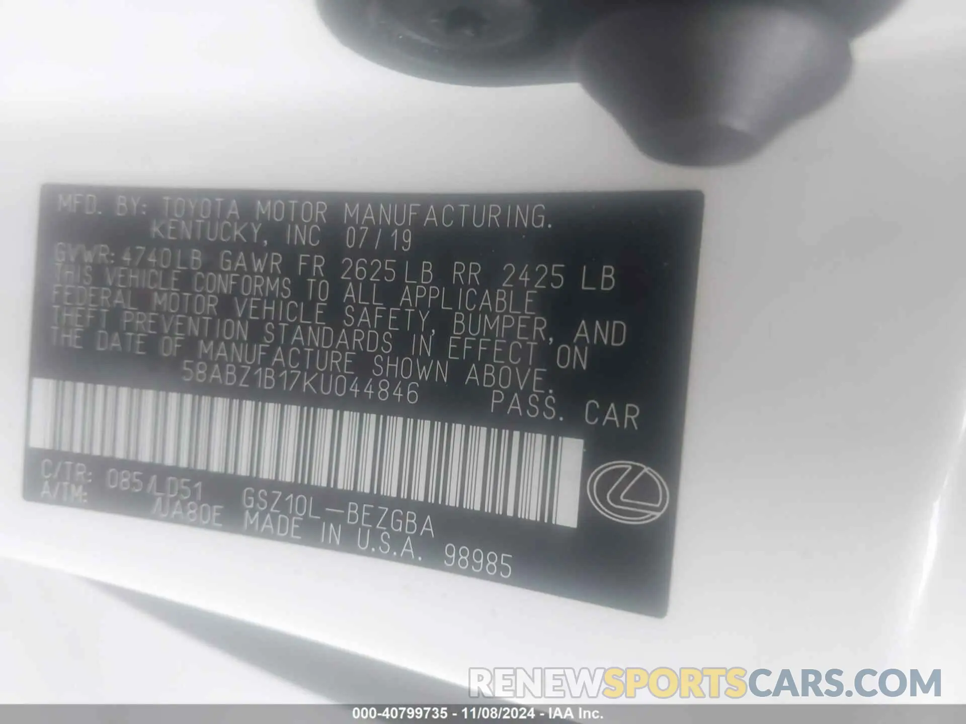 9 Photograph of a damaged car 58ABZ1B17KU044846 LEXUS ES 350 2019