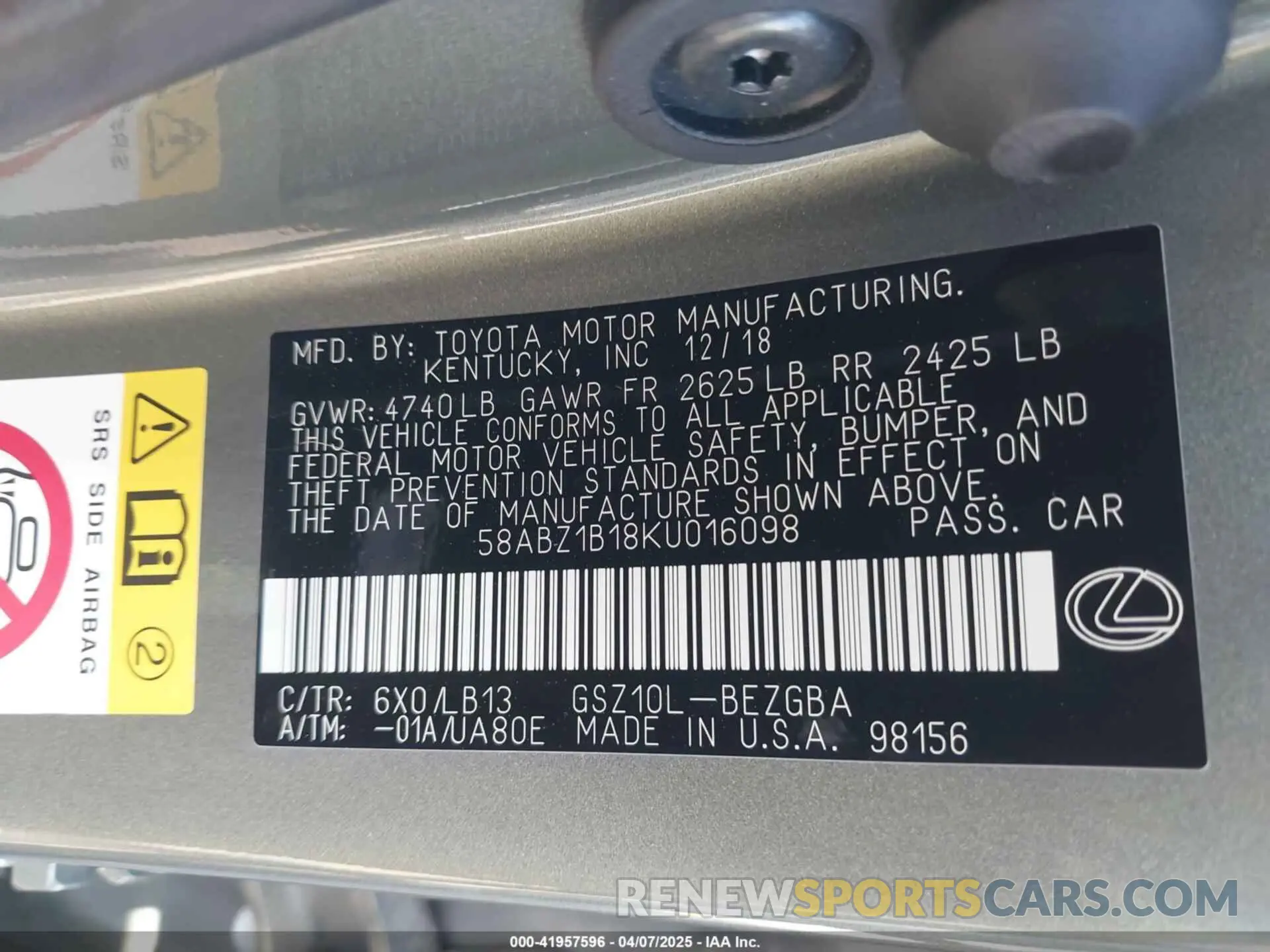 9 Photograph of a damaged car 58ABZ1B18KU016098 LEXUS ES 350 2019