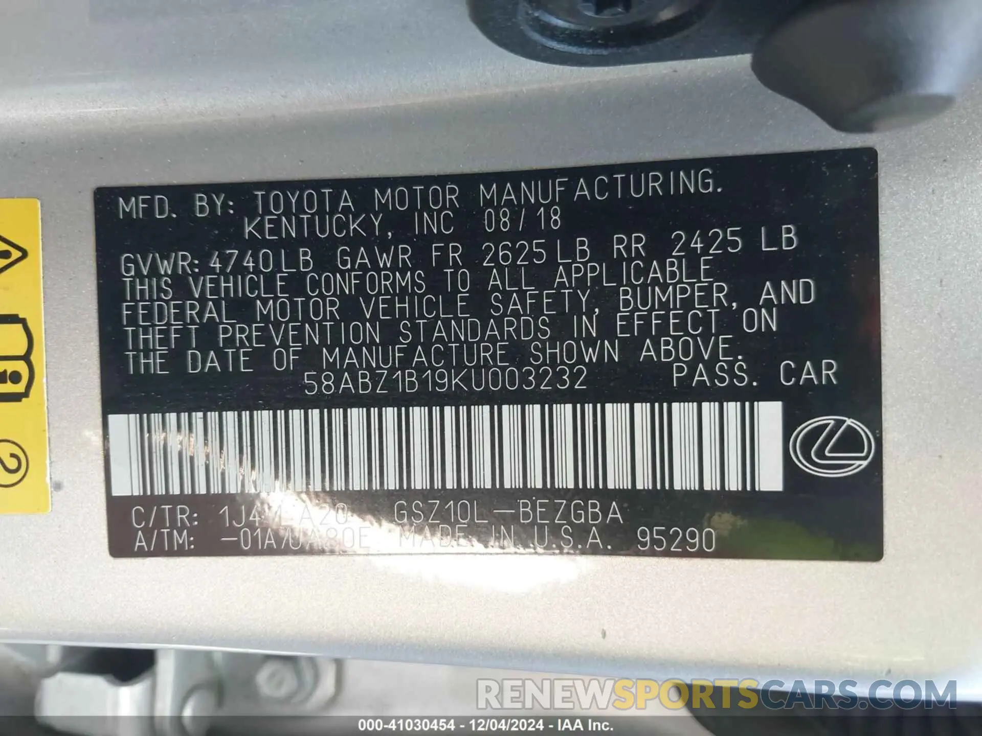 9 Photograph of a damaged car 58ABZ1B19KU003232 LEXUS ES 350 2019