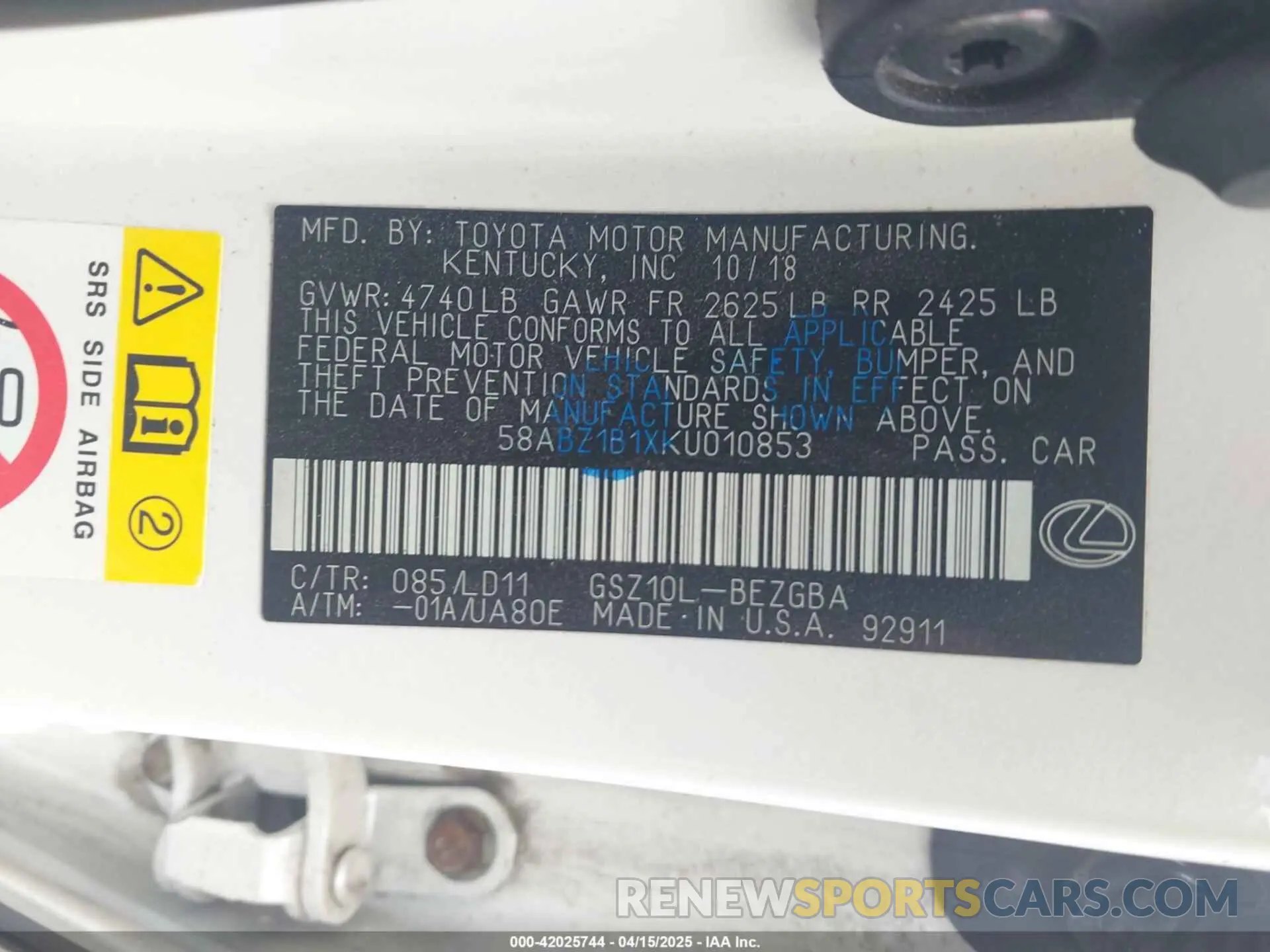 9 Photograph of a damaged car 58ABZ1B1XKU010853 LEXUS ES 350 2019