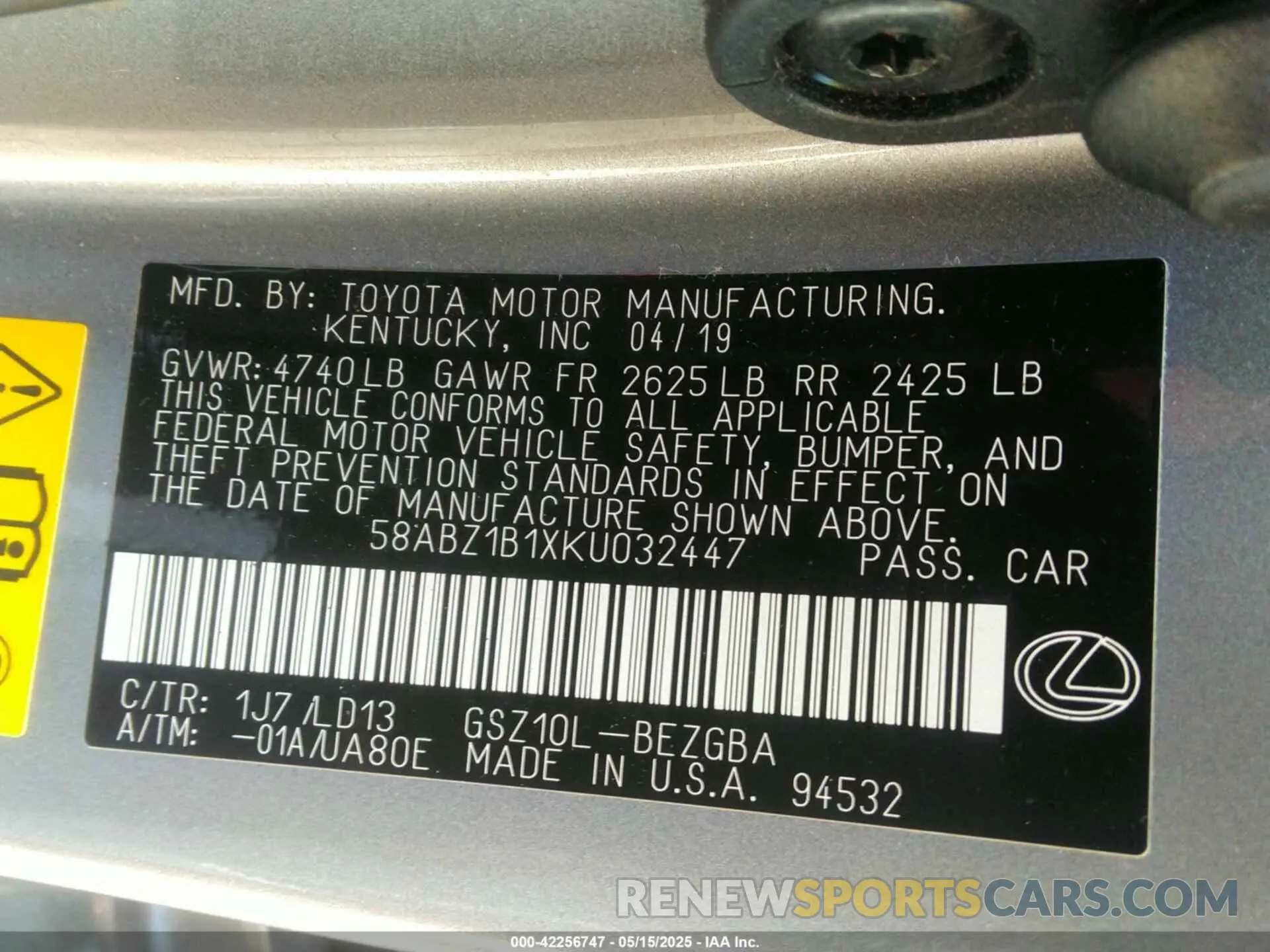 9 Photograph of a damaged car 58ABZ1B1XKU032447 LEXUS ES 350 2019