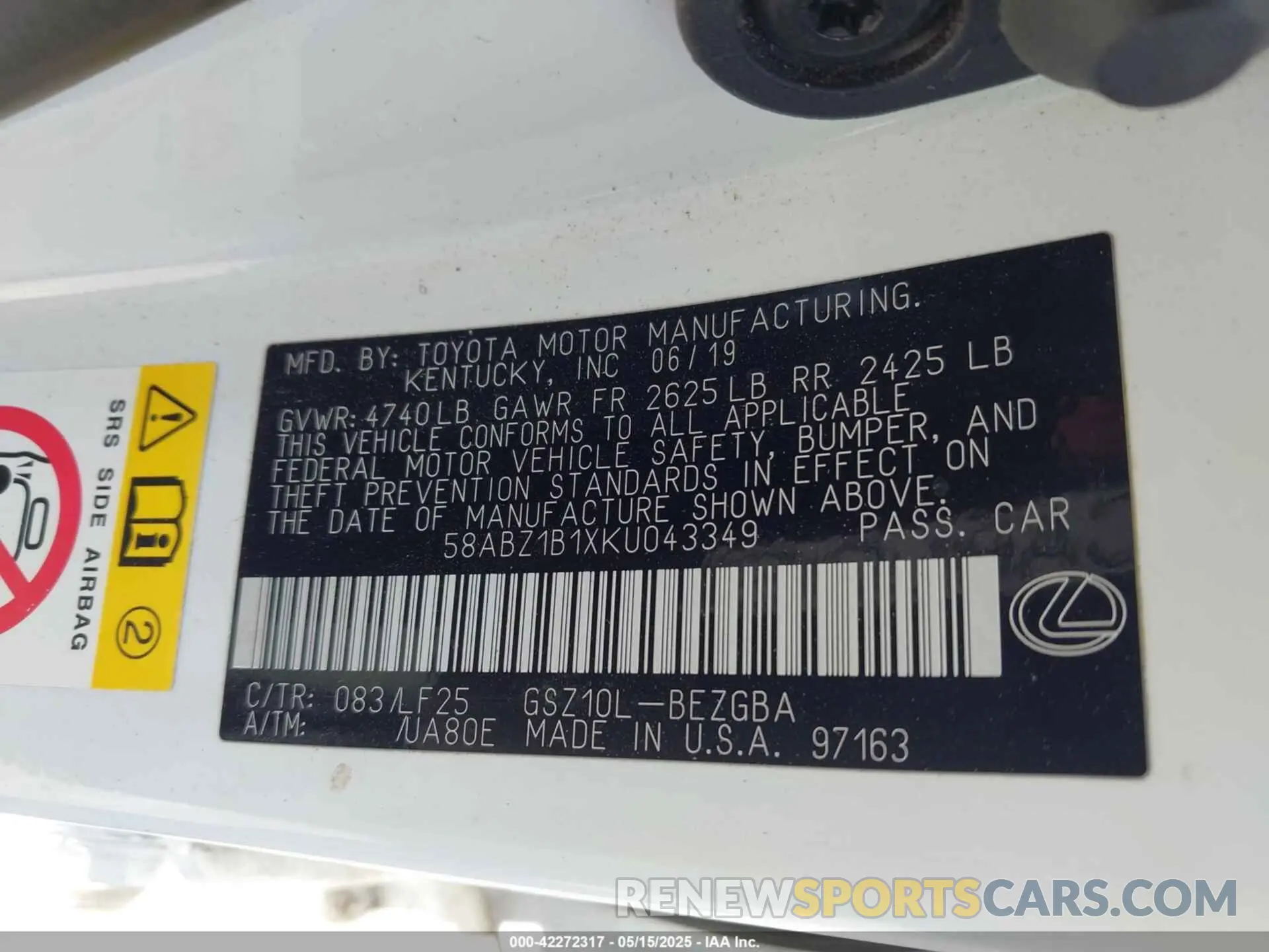 9 Photograph of a damaged car 58ABZ1B1XKU043349 LEXUS ES 350 2019