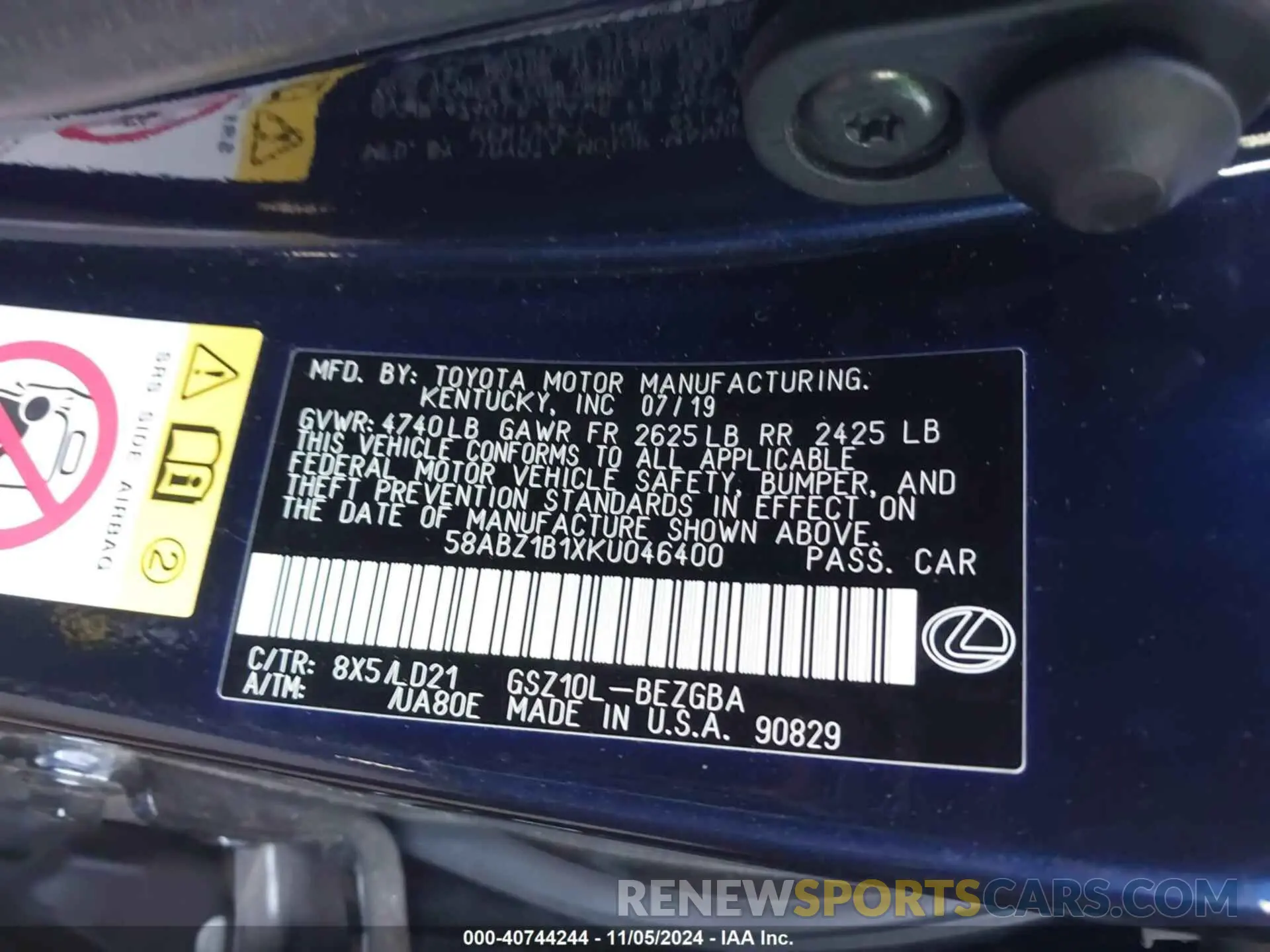 9 Photograph of a damaged car 58ABZ1B1XKU046400 LEXUS ES 350 2019