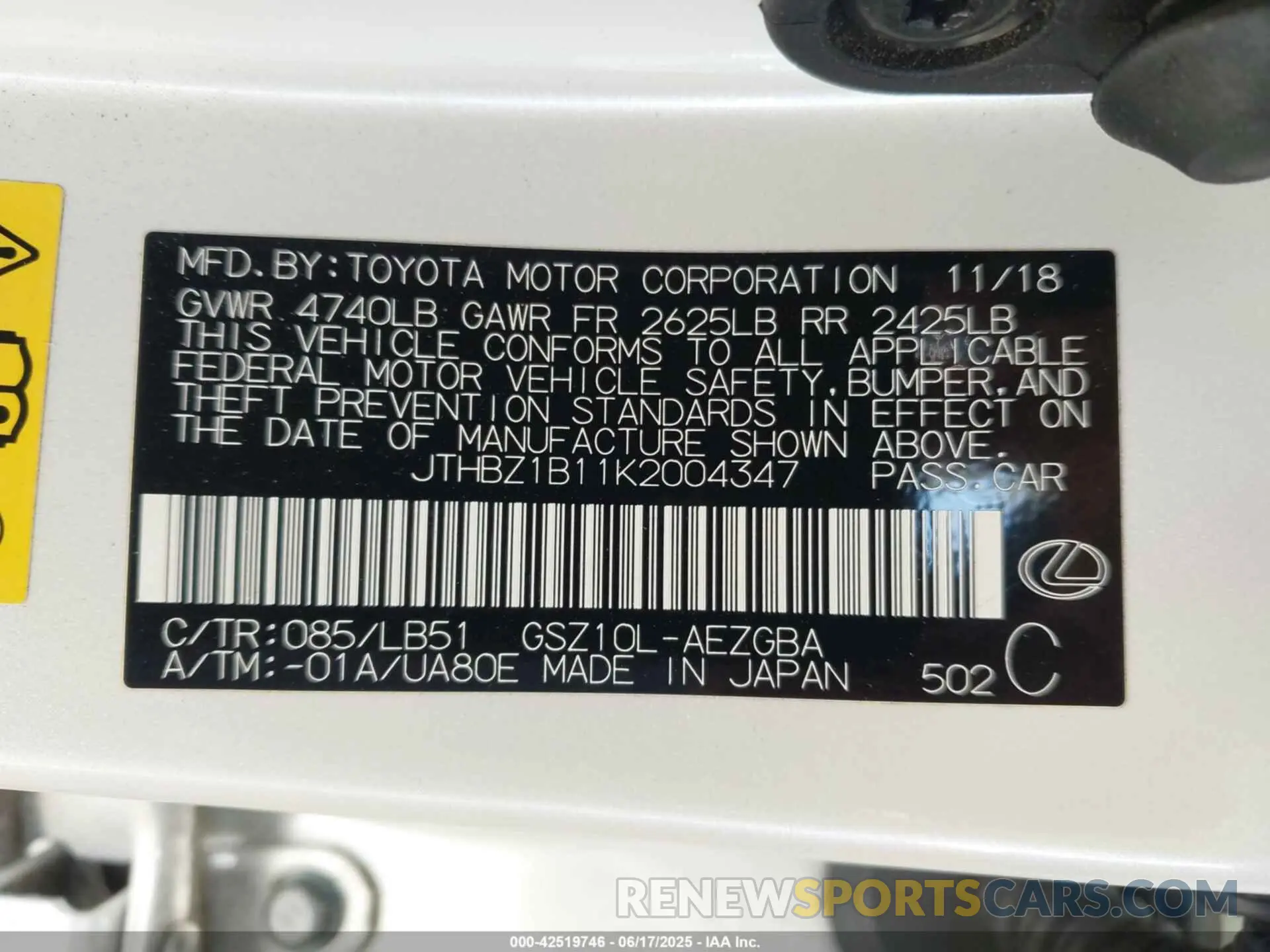 9 Photograph of a damaged car JTHBZ1B11K2004347 LEXUS ES 350 2019