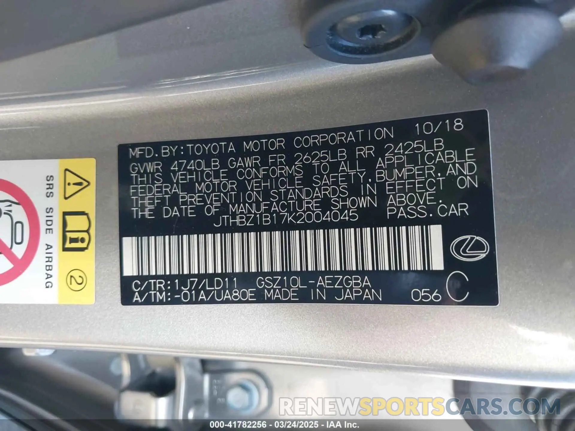 9 Photograph of a damaged car JTHBZ1B17K2004045 LEXUS ES 350 2019