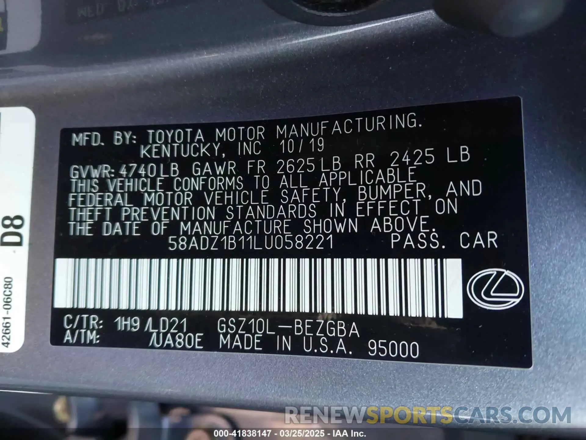 9 Photograph of a damaged car 58ADZ1B11LU058221 LEXUS ES 350 2020