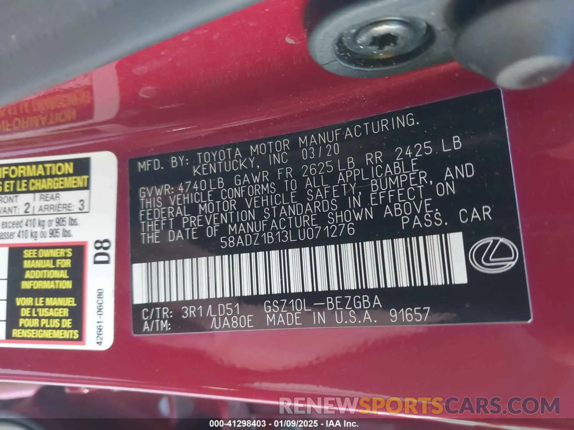 9 Photograph of a damaged car 58ADZ1B13LU071276 LEXUS ES 350 2020
