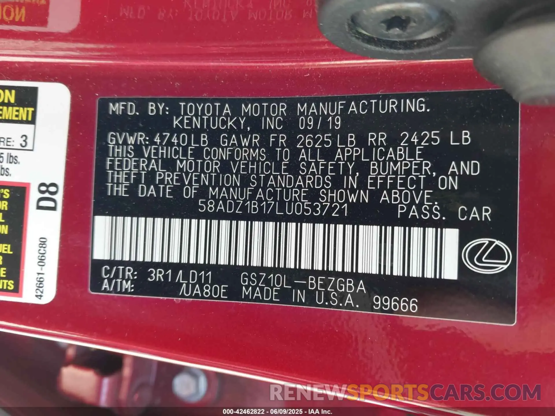 9 Photograph of a damaged car 58ADZ1B17LU053721 LEXUS ES 350 2020