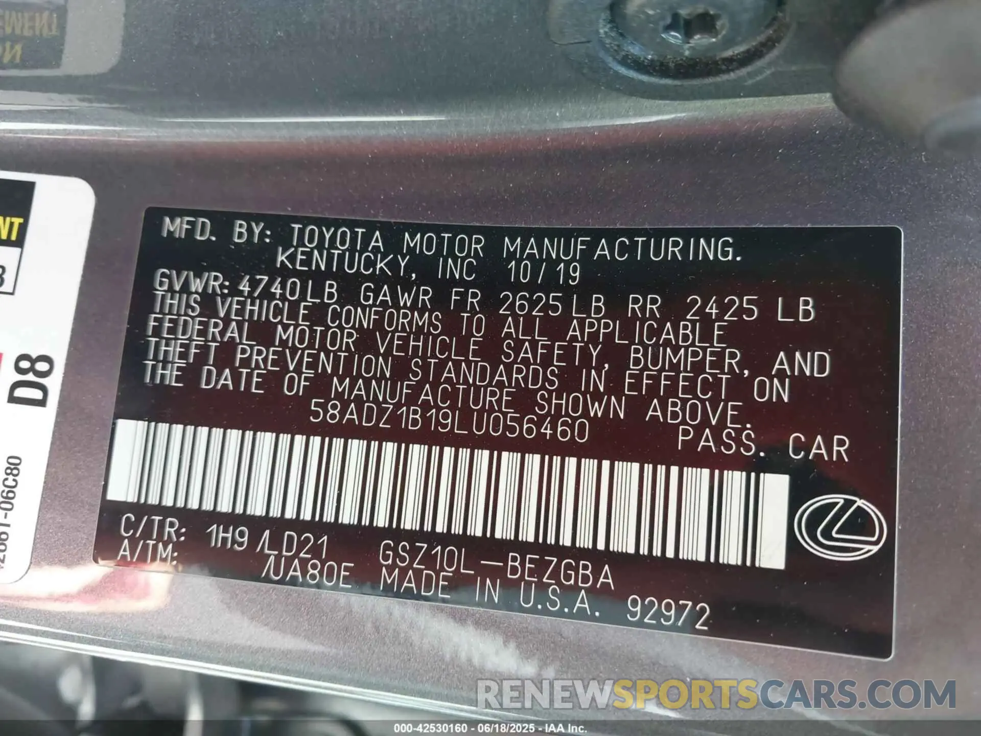9 Photograph of a damaged car 58ADZ1B19LU056460 LEXUS ES 350 2020