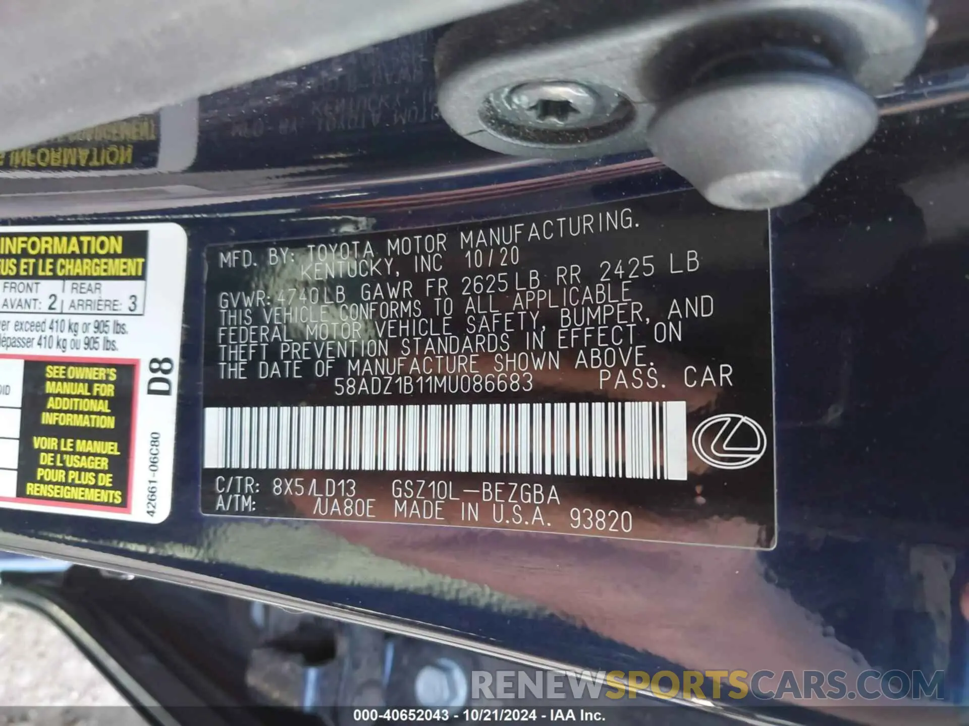 9 Photograph of a damaged car 58ADZ1B11MU086683 LEXUS ES 350 2021