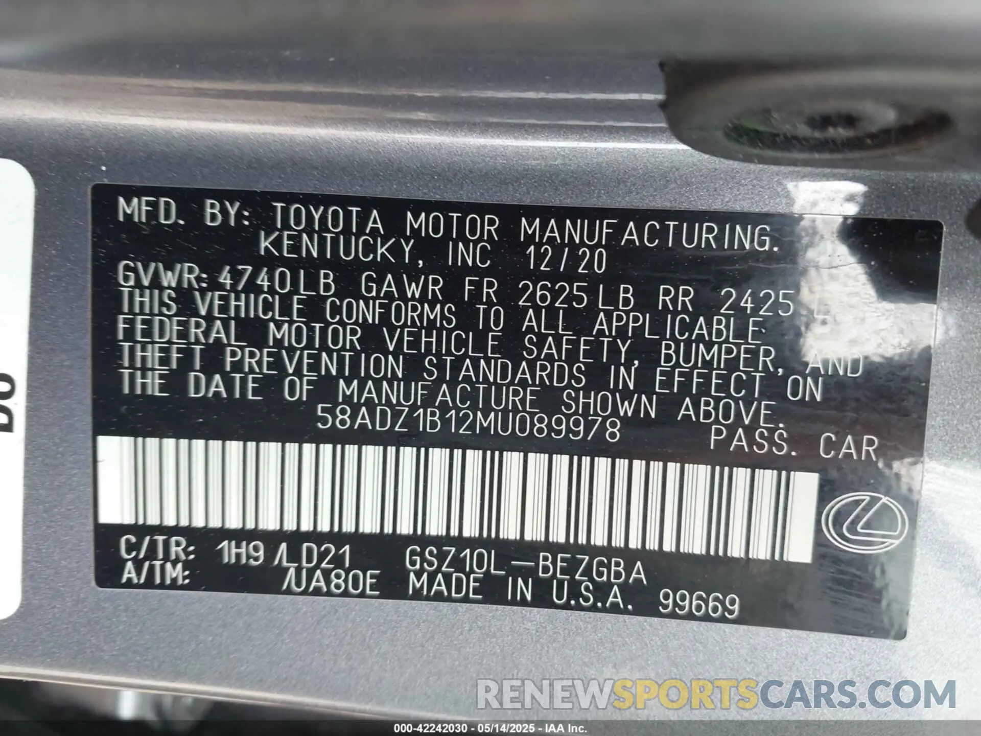 9 Photograph of a damaged car 58ADZ1B12MU089978 LEXUS ES 350 2021