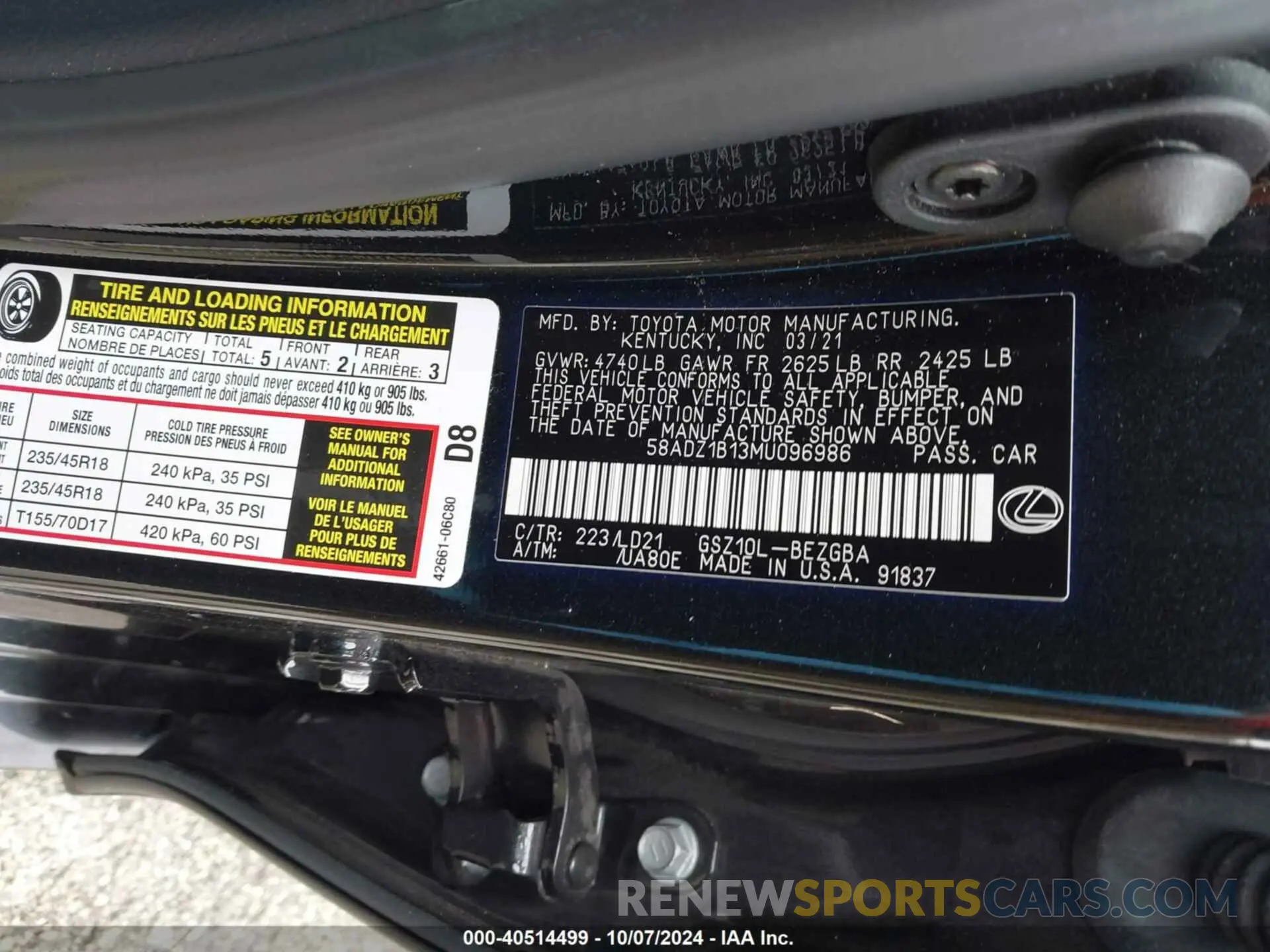 9 Photograph of a damaged car 58ADZ1B13MU096986 LEXUS ES 350 2021