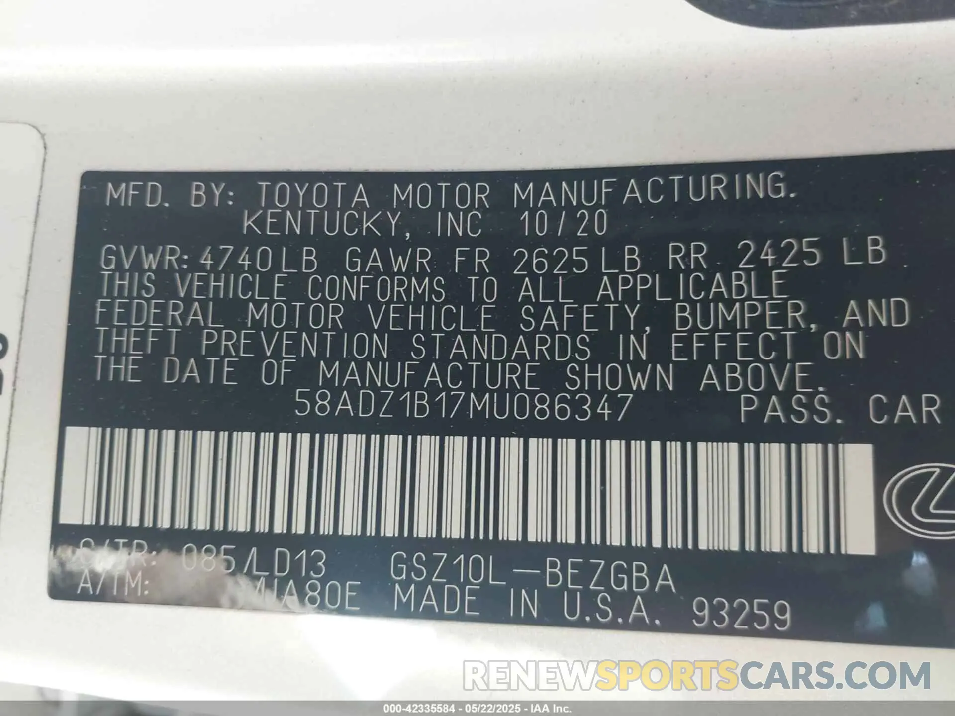 9 Photograph of a damaged car 58ADZ1B17MU086347 LEXUS ES 350 2021