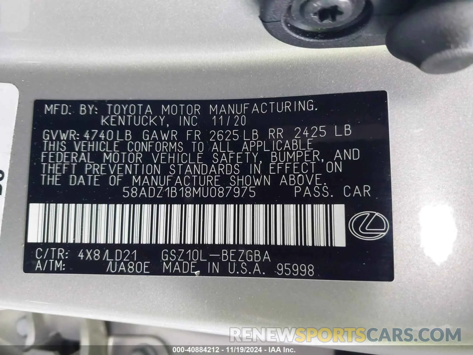 9 Photograph of a damaged car 58ADZ1B18MU087975 LEXUS ES 350 2021