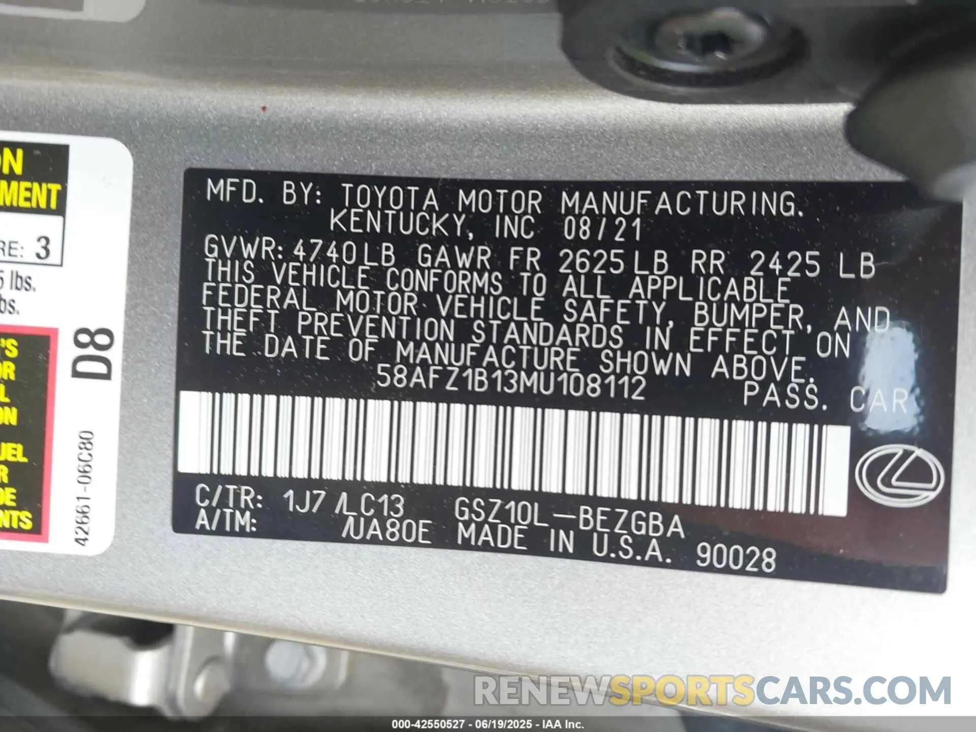 9 Photograph of a damaged car 58AFZ1B13MU108112 LEXUS ES 350 2021