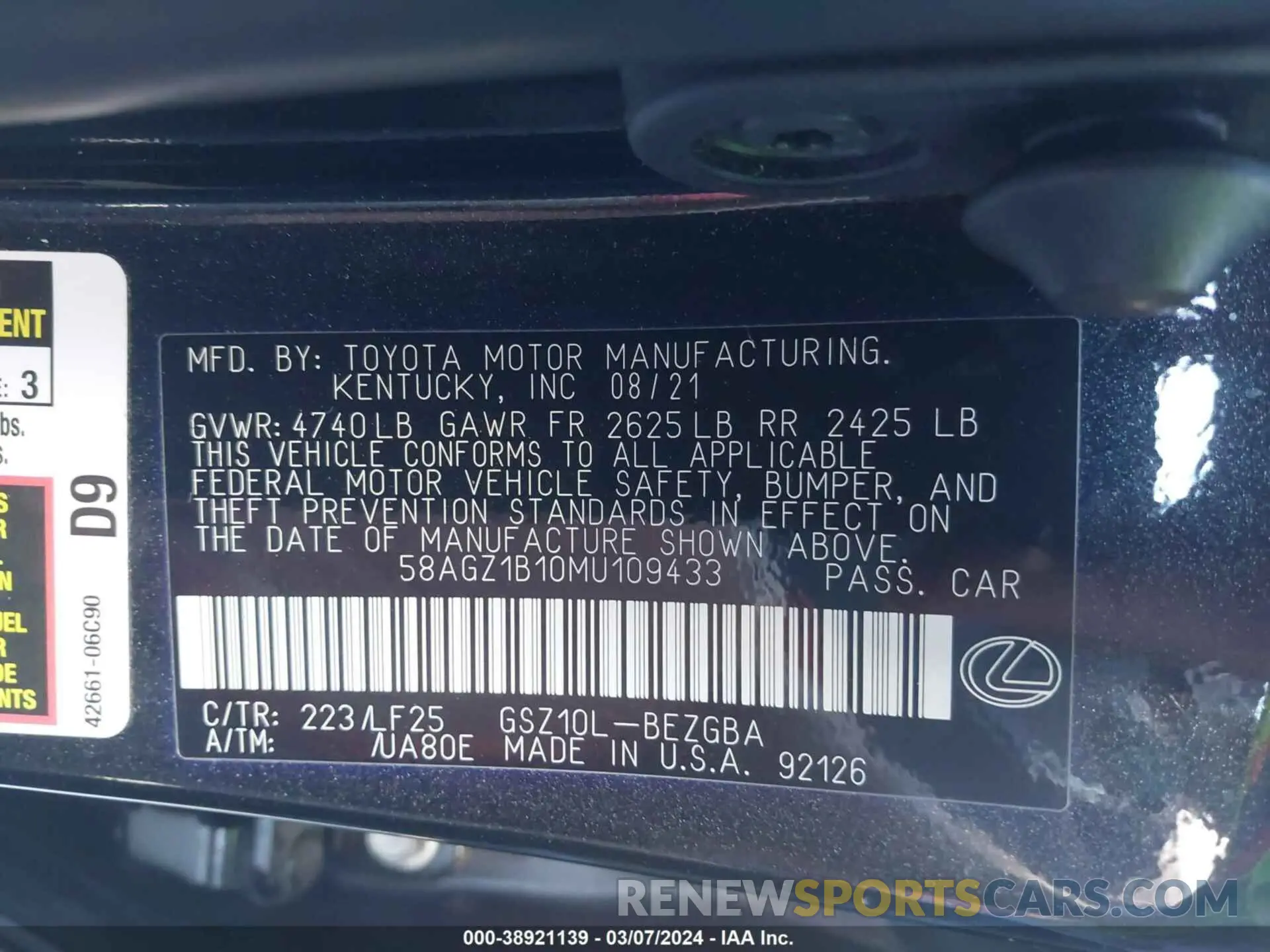 9 Photograph of a damaged car 58AGZ1B10MU109433 LEXUS ES 350 2021