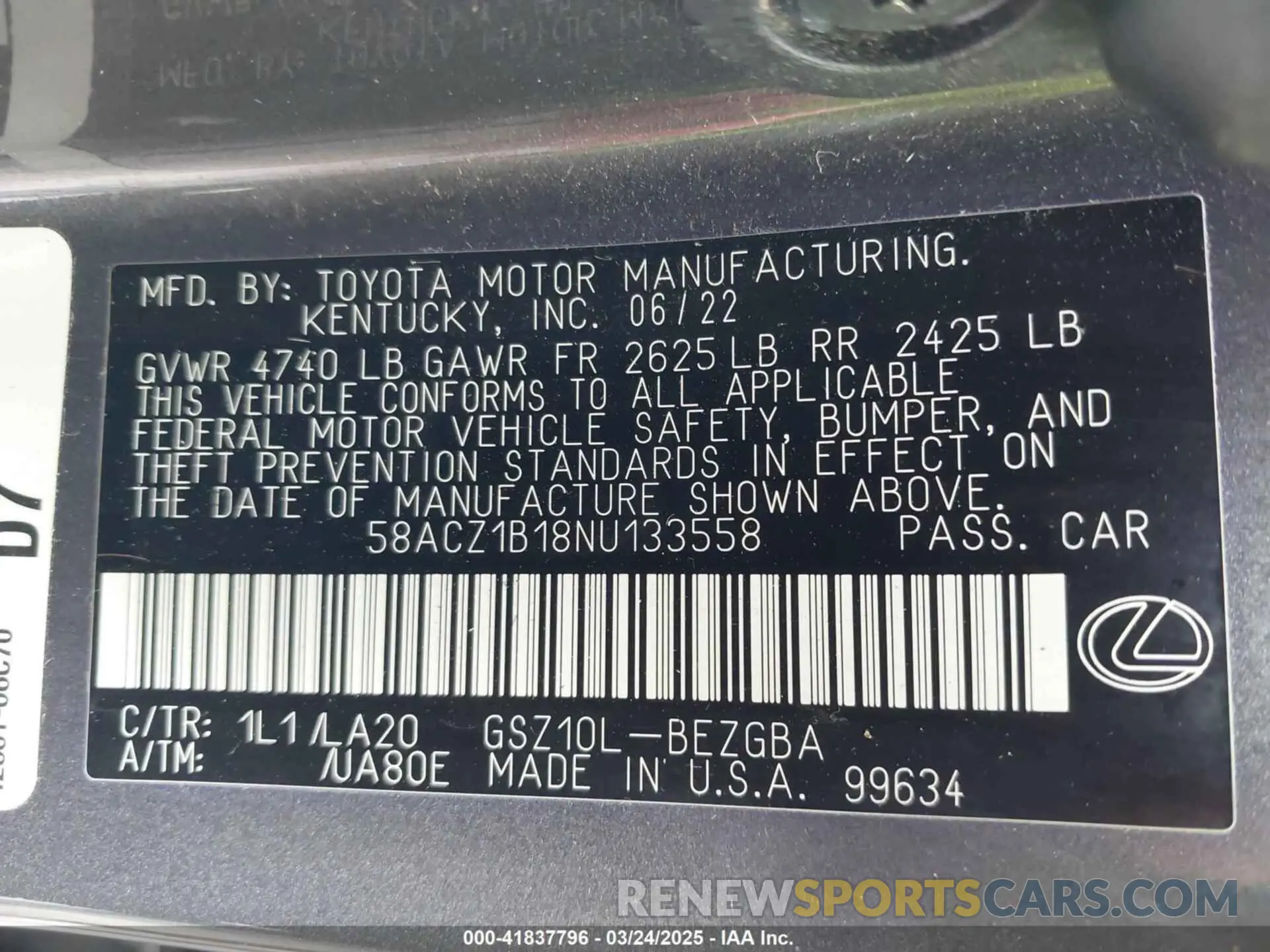 9 Photograph of a damaged car 58ACZ1B18NU133558 LEXUS ES 350 2022