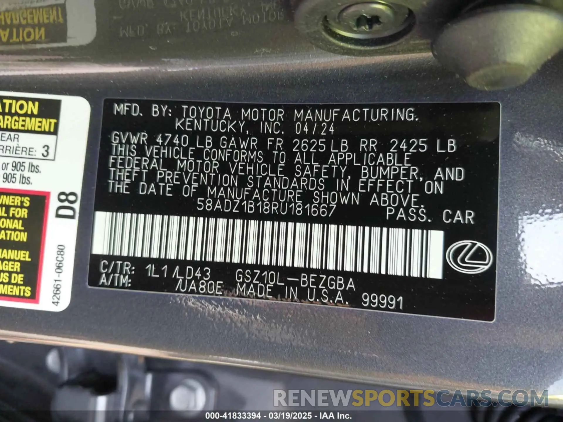 9 Photograph of a damaged car 58ADZ1B18RU181667 LEXUS ES 350 2024