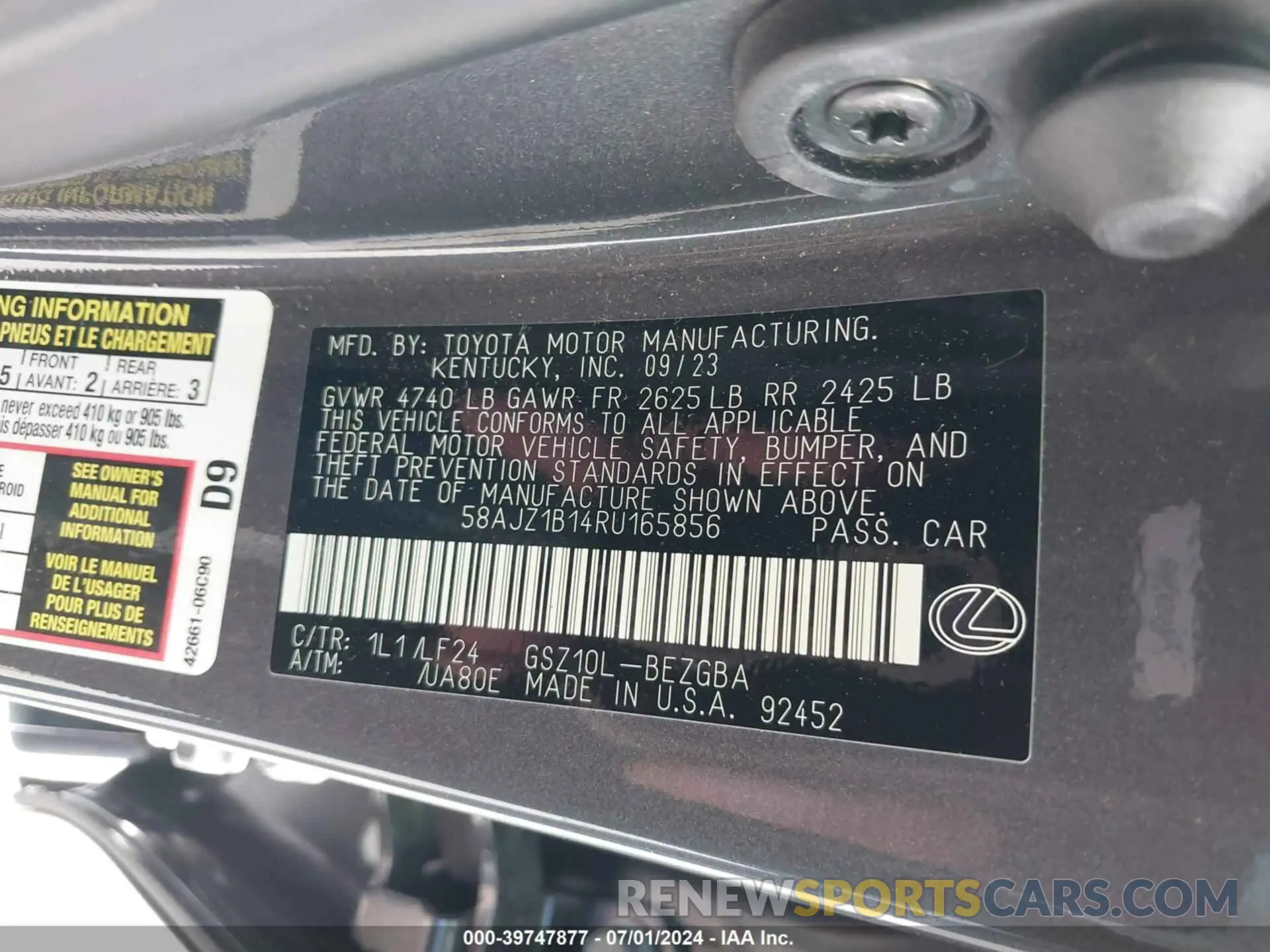 9 Photograph of a damaged car 58AJZ1B14RU165856 LEXUS ES 350 2024