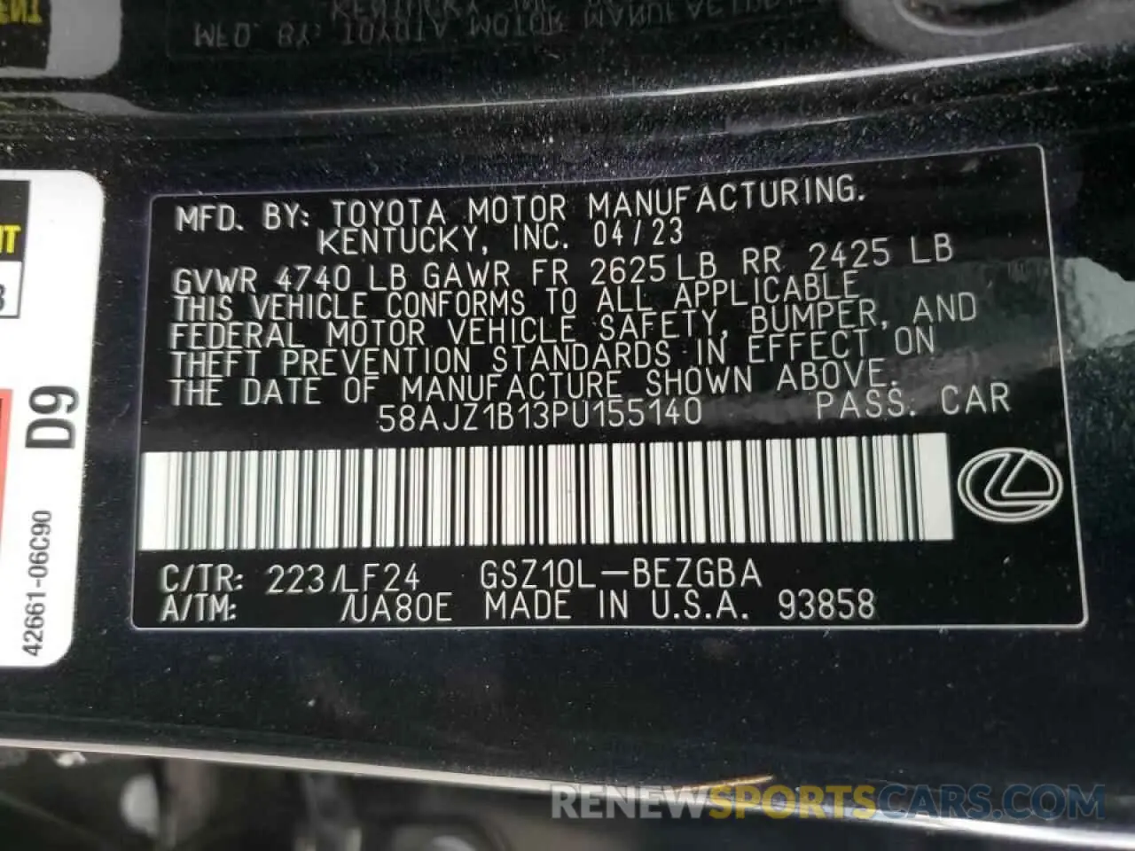 12 Photograph of a damaged car 58AJZ1B13PU155140 LEXUS ES 350 F S 2023