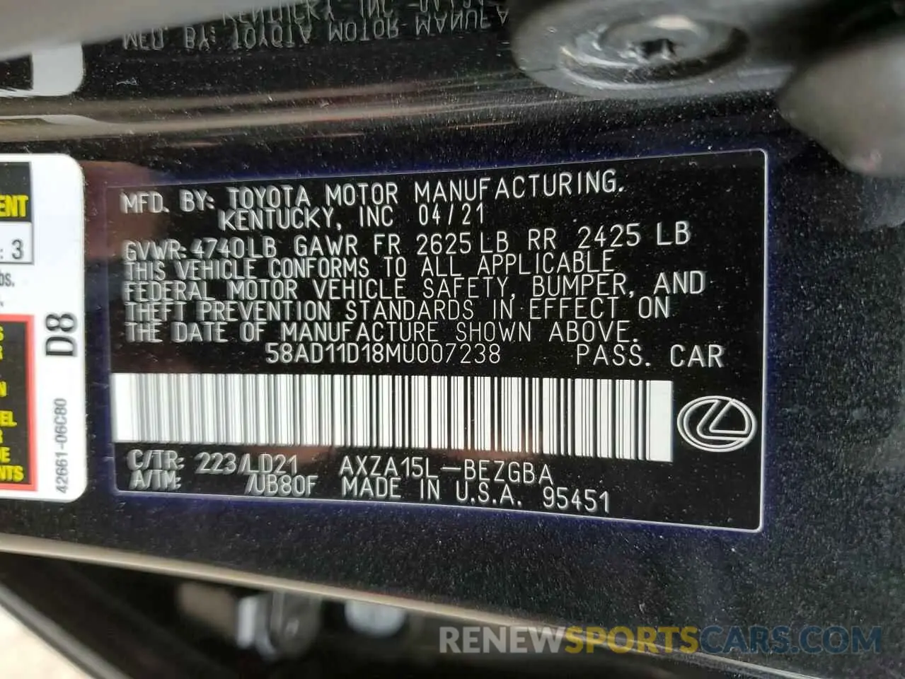 13 Photograph of a damaged car 58AD11D18MU007238 LEXUS ES250 2021