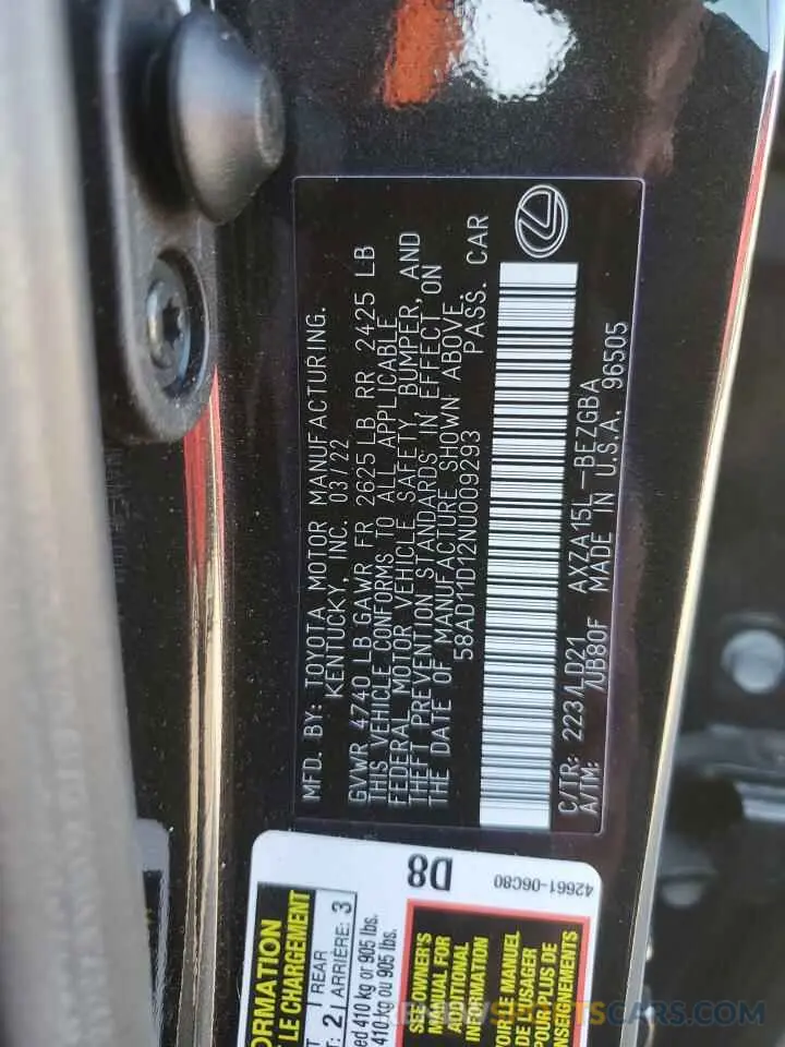 12 Photograph of a damaged car 58AD11D12NU009293 LEXUS ES250 2022