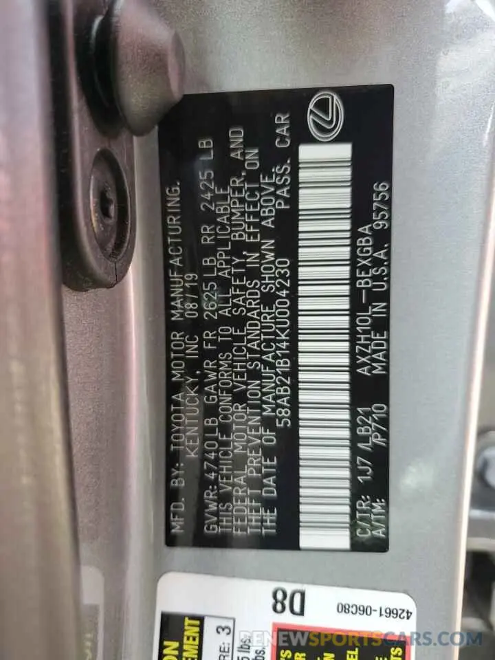 12 Photograph of a damaged car 58AB21B14KU004230 LEXUS ES300 2019