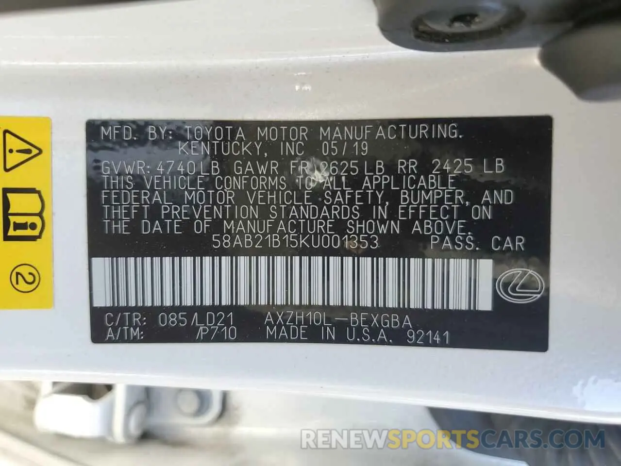 13 Photograph of a damaged car 58AB21B15KU001353 LEXUS ES300 2019