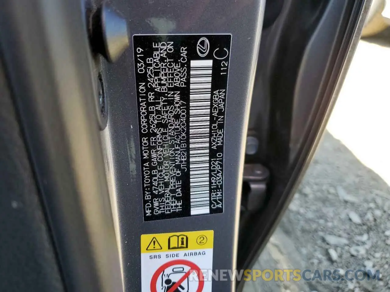 12 Photograph of a damaged car JTHB21B10K2040017 LEXUS ES300 2019