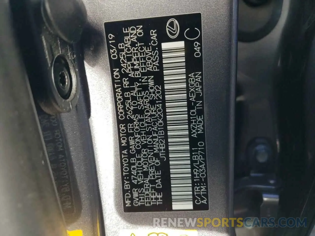 12 Photograph of a damaged car JTHB21B10K2041202 LEXUS ES300 2019
