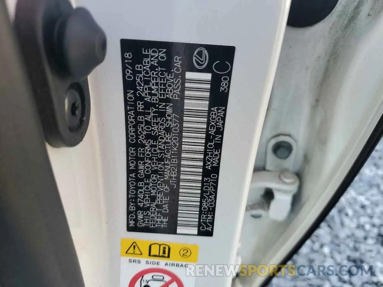12 Photograph of a damaged car JTHB21B11K2010377 LEXUS ES300 2019