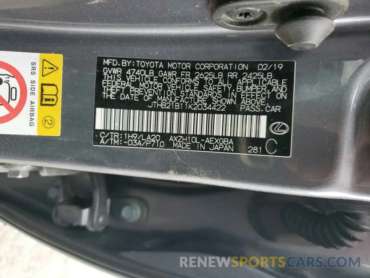 12 Photograph of a damaged car JTHB21B11K2034422 LEXUS ES300 2019