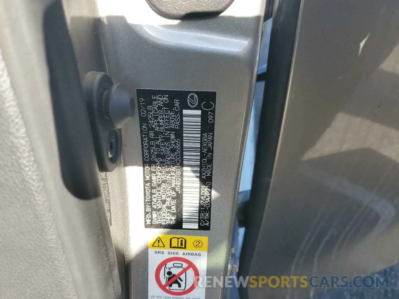 13 Photograph of a damaged car JTHB21B11K2036865 LEXUS ES300 2019