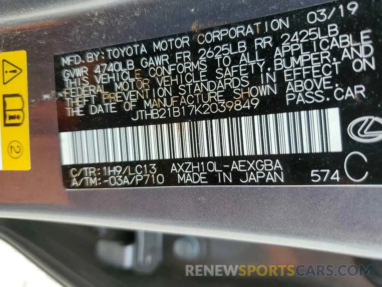 12 Photograph of a damaged car JTHB21B17K2039849 LEXUS ES300 2019