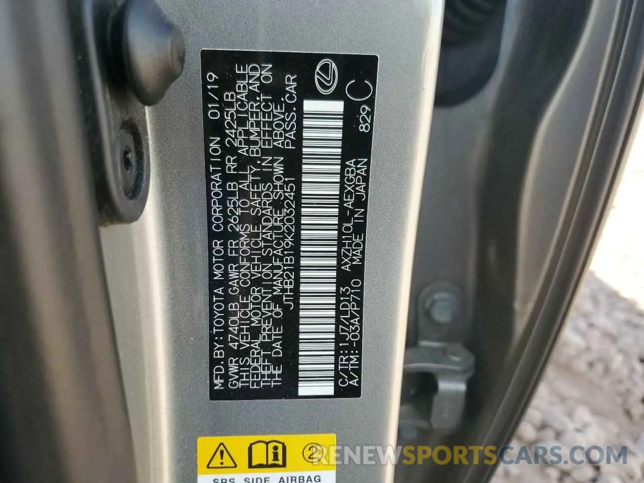 12 Photograph of a damaged car JTHB21B19K2032451 LEXUS ES300 2019